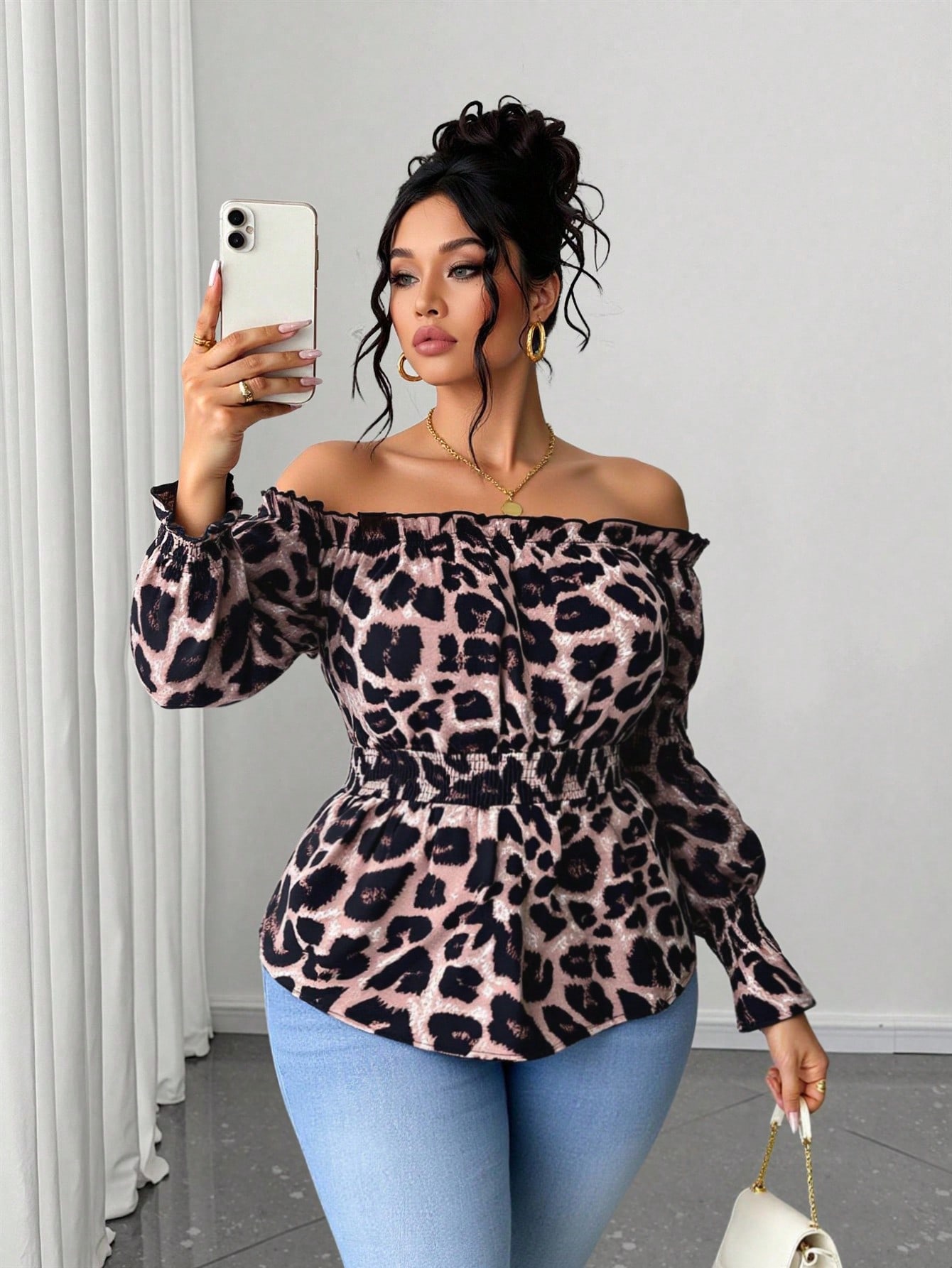 Off Shoulder Blouse - Plus size dames blouse met luipaardprint,