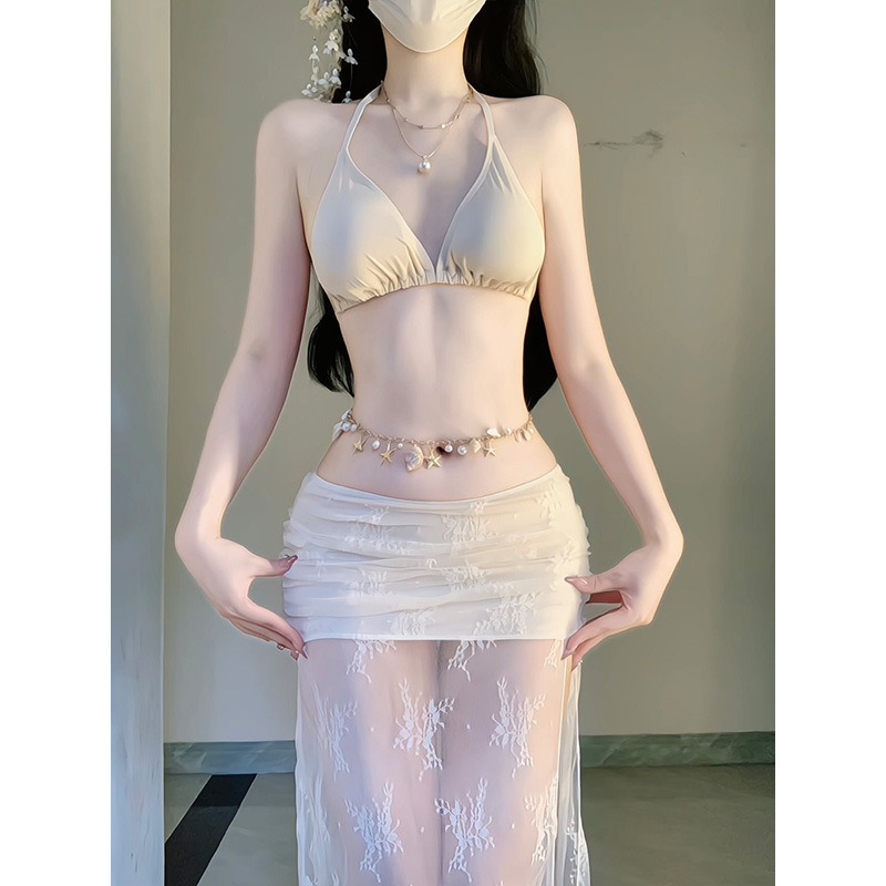 Swim Cover Up Mesh - Elegante witte bloemenmesh 4-delige bikiniset met