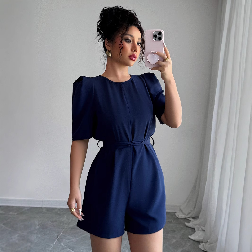 Summer Evenings Clothing - High-end minimalistische jumpsuit met pofmouwen, effen