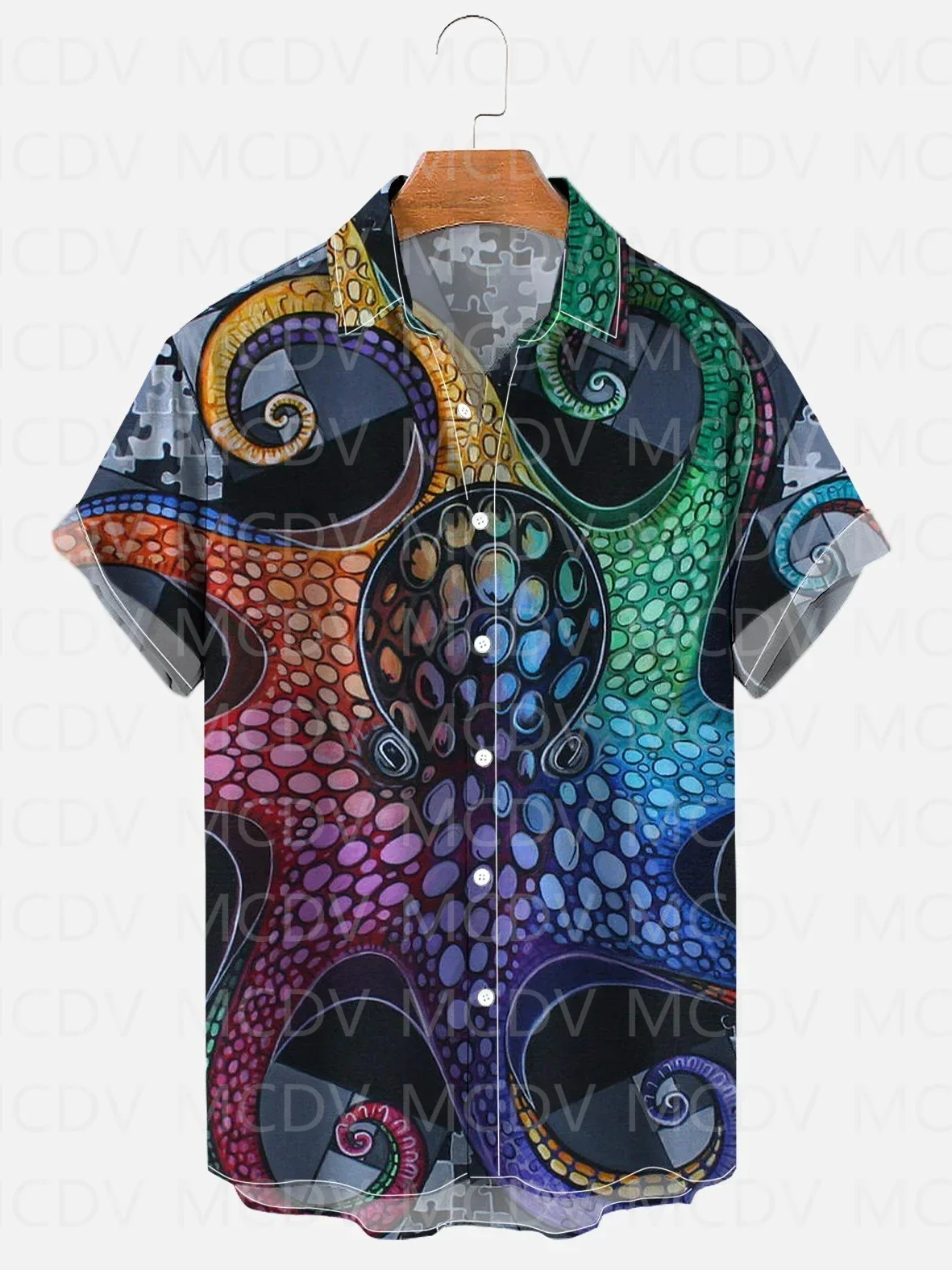 Beach Shirt Hawaiian - Oceaan Octopus Kunst Pauwenveren geruite Aloha
