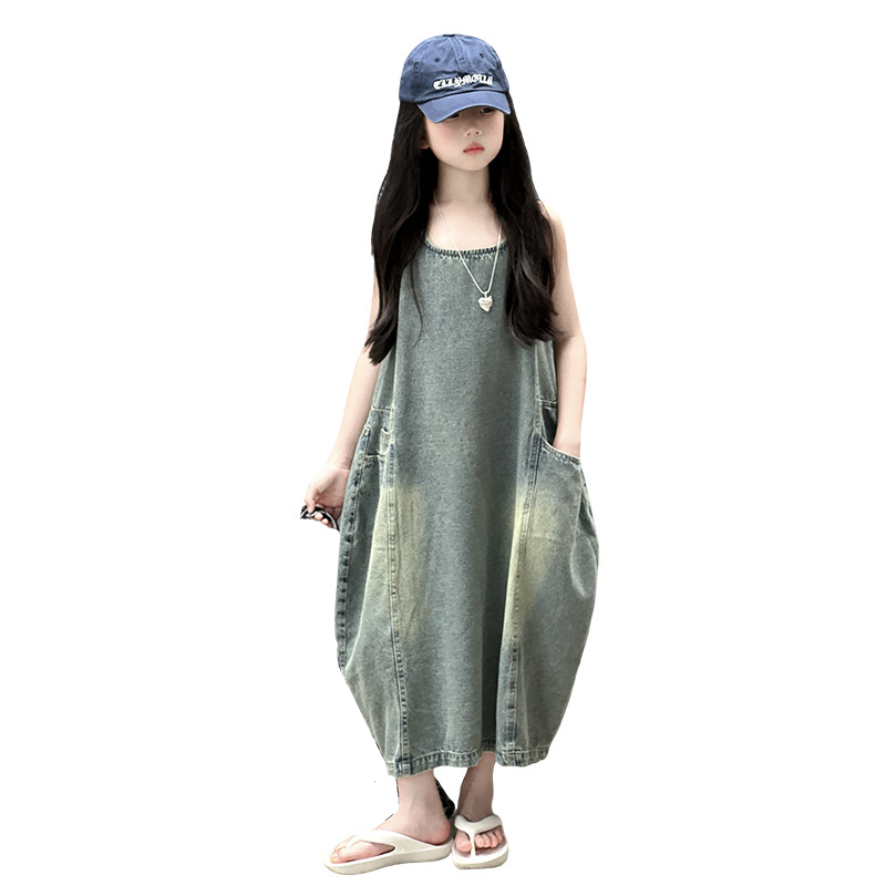 Quality Summer Clothing - Vintage blauwe kinderen meisjes hoge kwaliteit
