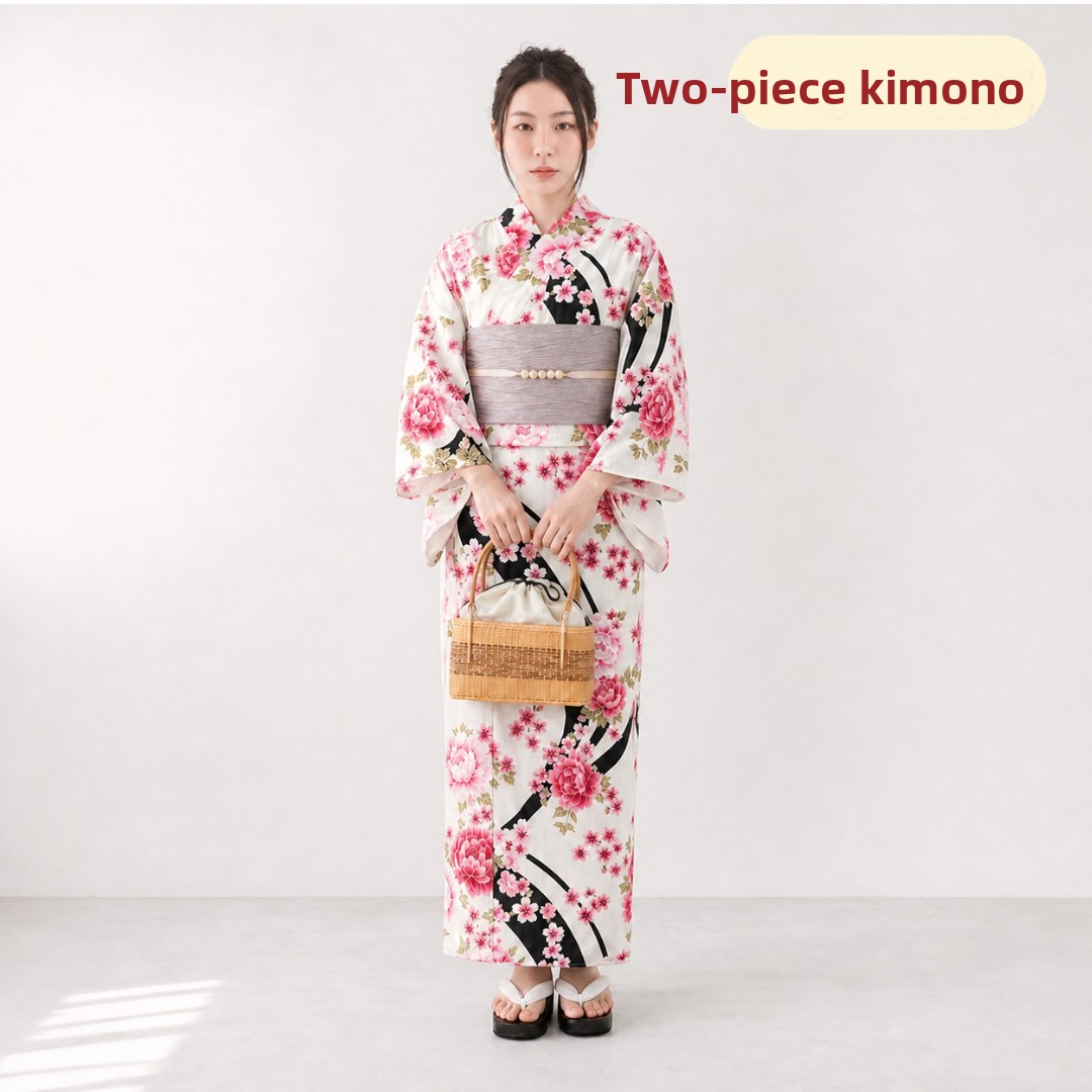 Quality Summer Clothing - Dames kimono-stijl tweedelige badjas met zwarte